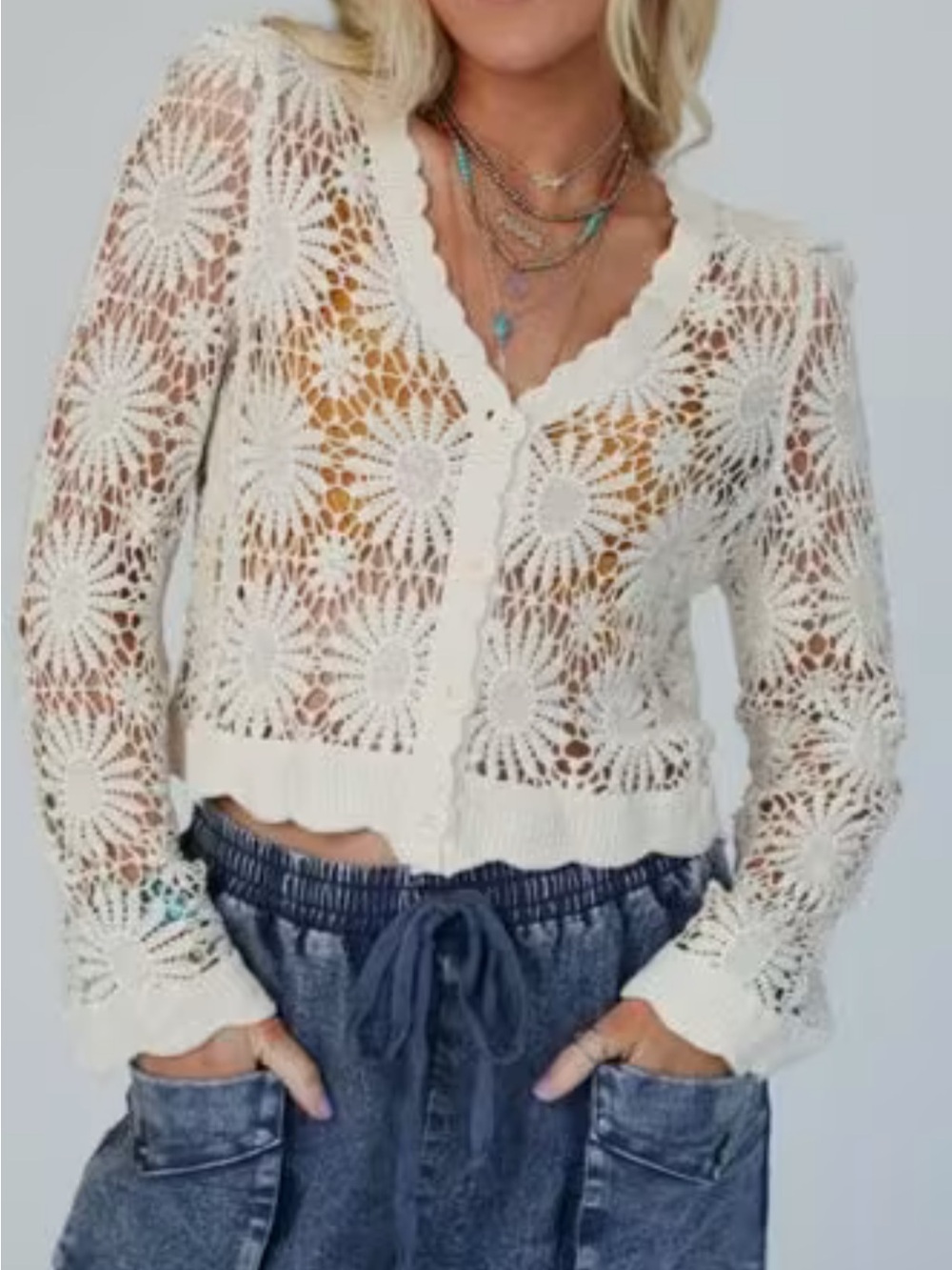 Cotton Crochet V-Neck Button Front Cardigan - cream